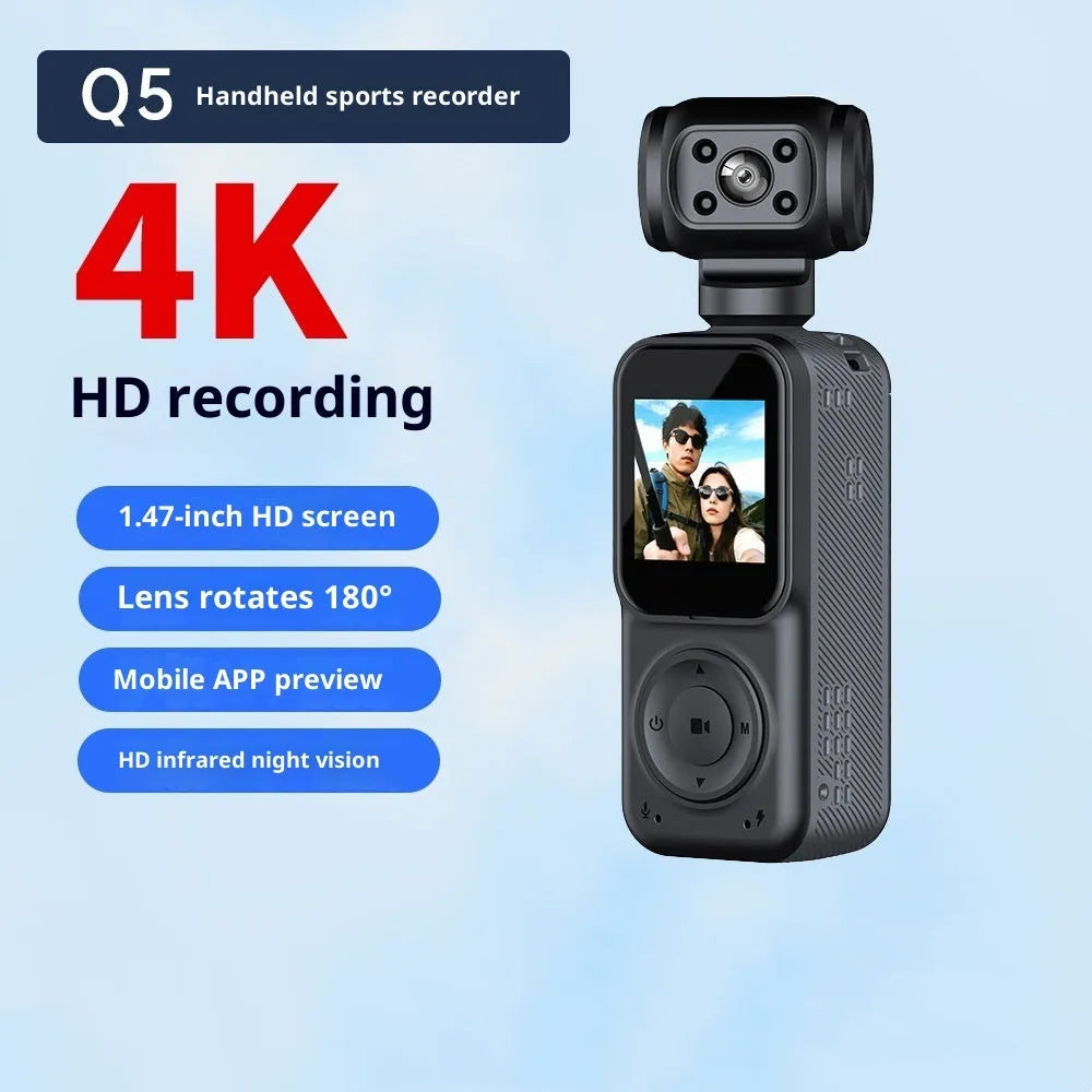 Q5 black handheld 4K camera with 140 degree wide angle lens and 1.5 inch LCD screen for outdoor riding recording