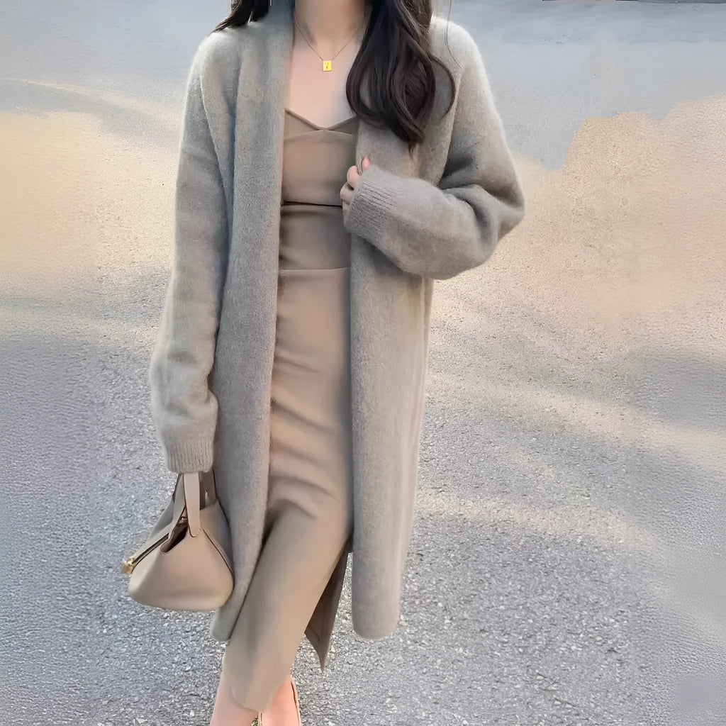 Women's medium length V-neck knitted cardigan in loose free size, shown in khaki colour