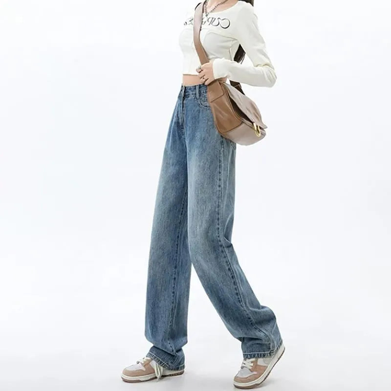 Retro blue high waist wide leg jeans for women with straight cut and stretch denim