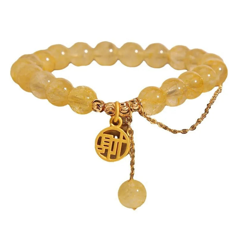 Natural stone citrine bracelet with Chinese character tassel design, electroplated finish