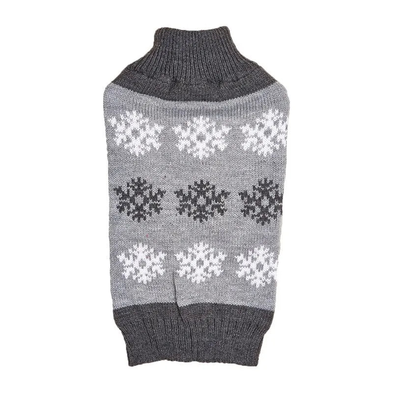 Grey and dark brown dog Christmas sweater with snowflake pattern for winter holidays