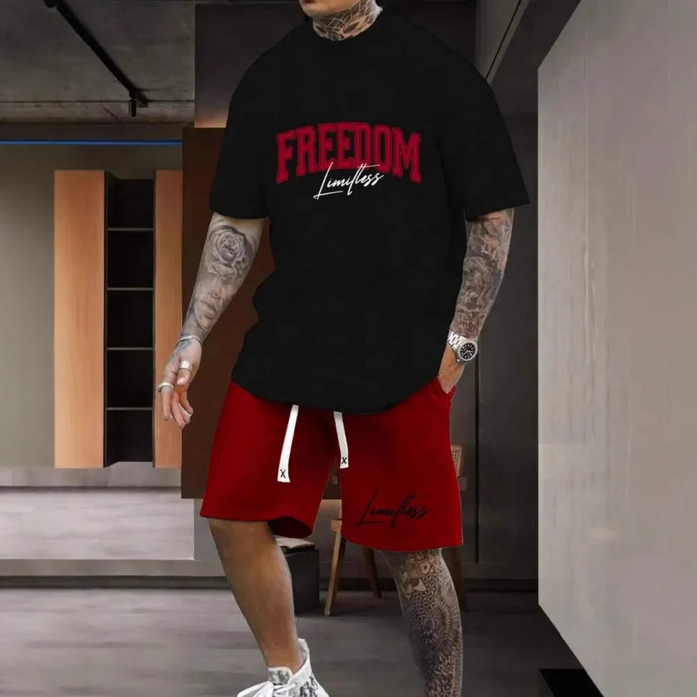 Men's 3D printed letter suit set with short sleeves and shorts in polyester fabric