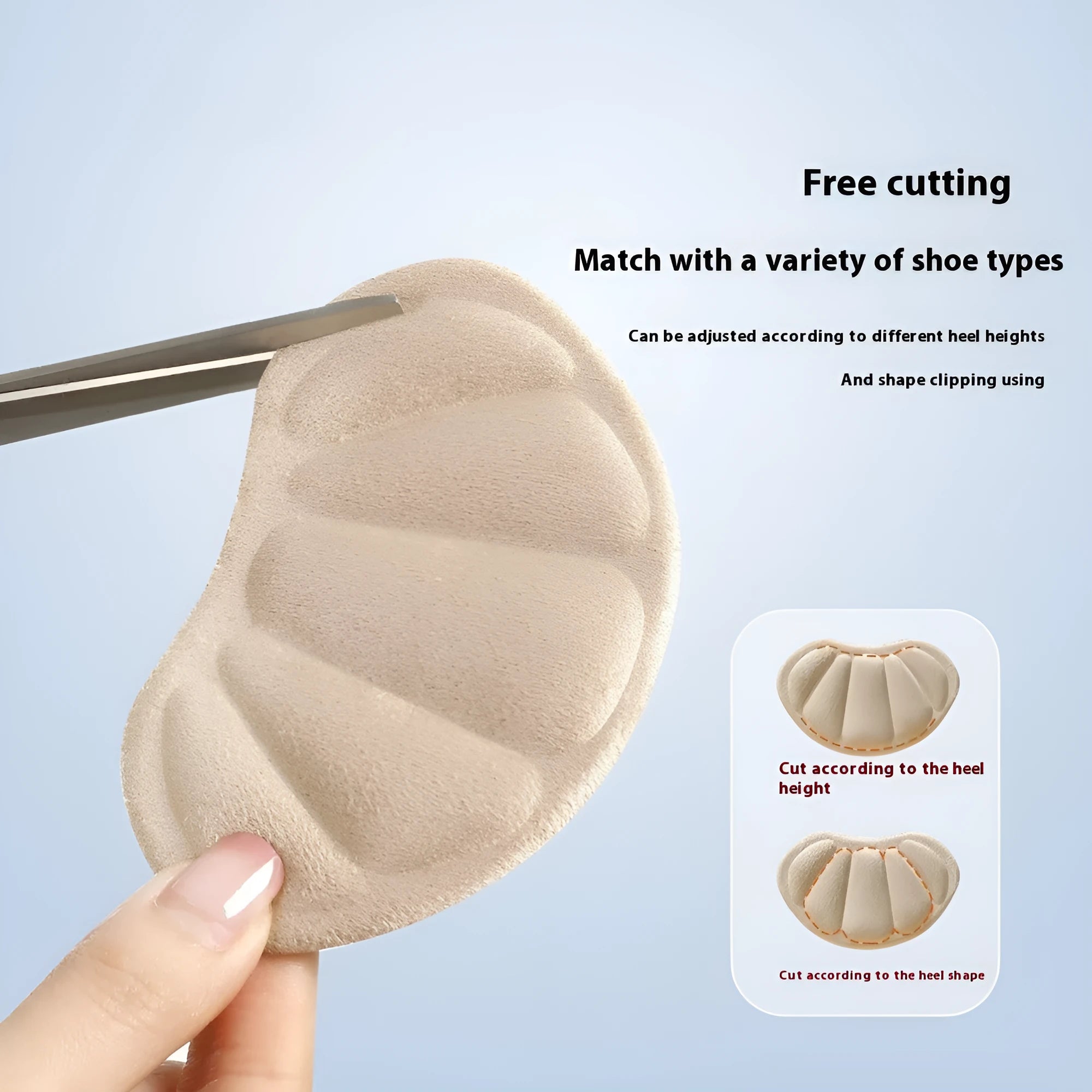 Three pairs of camel-coloured suede anti-slip heel cushion pads for shoes, shown with adhesive backing.