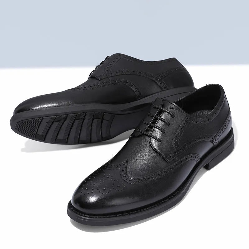 Men's black and brown brogue business shoes with traditional detailing and PU leather upper