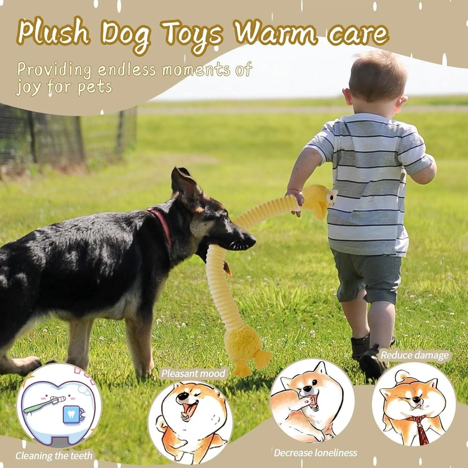 Plush squeaky dog toy in brown with foldable design and crinkle texture for small to large dogs