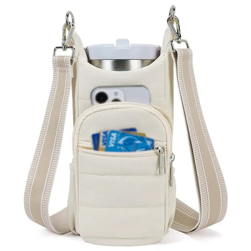 Cloth bicycle water bottle bag in black, pink, and beige for cycling hydration storage