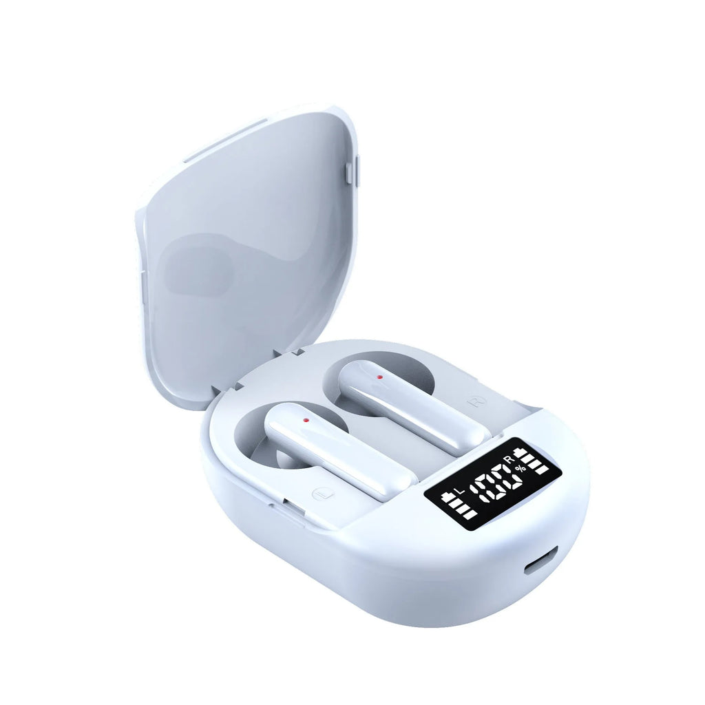 Black or white wireless Bluetooth in-ear headphones with digital display and charging bin