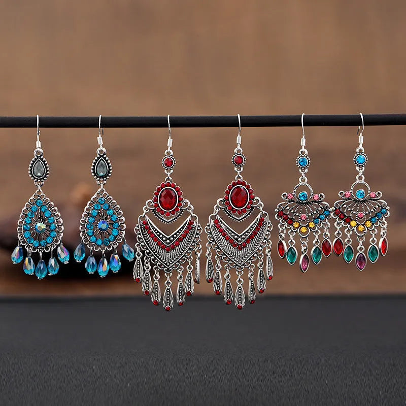 Purple crystal fringe drop earrings with retro court styling and alloy construction