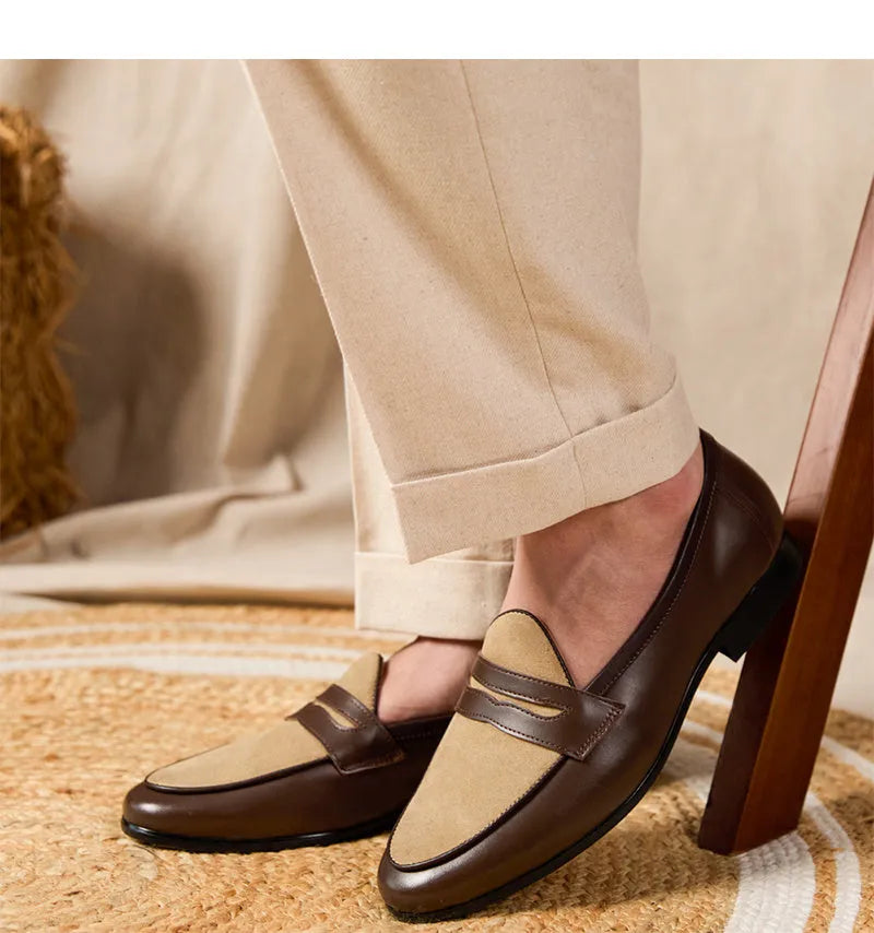 Coffee grey suede leather British-style slip-on loafers with rubber sole