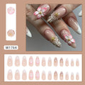 French style fake nails with rock pattern patch and simple flower design W1764 artificial nails