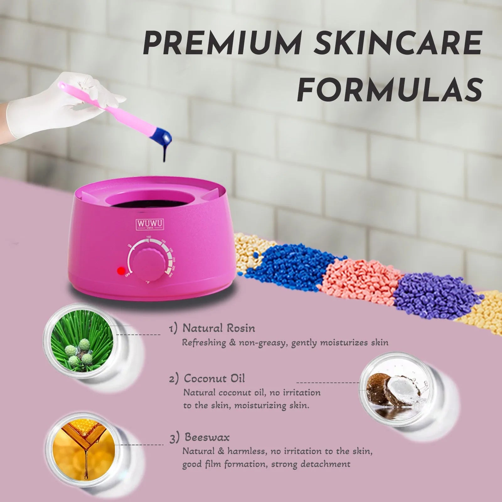 Professional waxing kit with hard wax beans, warmer, application sticks, post-care lotion and cooling masks on pink background