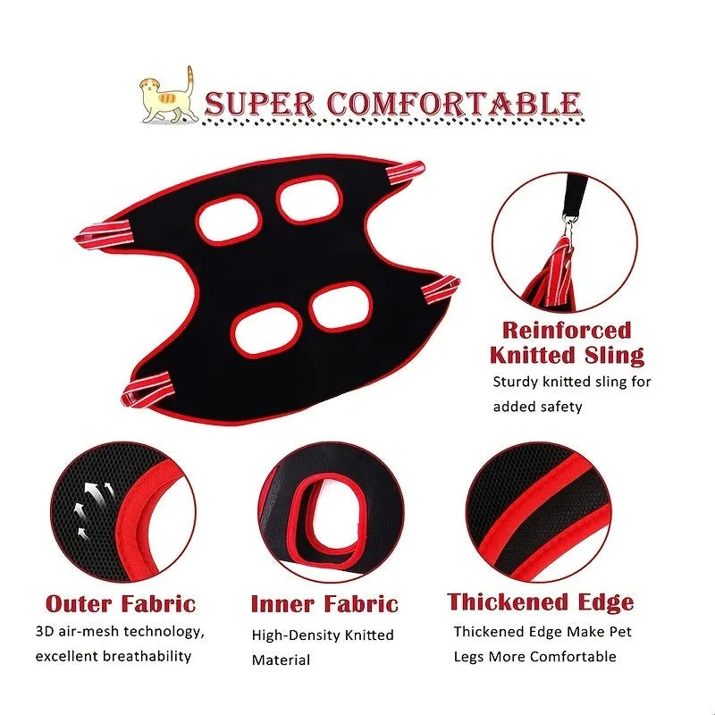 Pet cat and dog grooming hammock restraint bag in a hanging set for nail cutting and bath trimming.