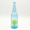 Blue water bottle dog toy with squeaker and internal tennis ball on grass