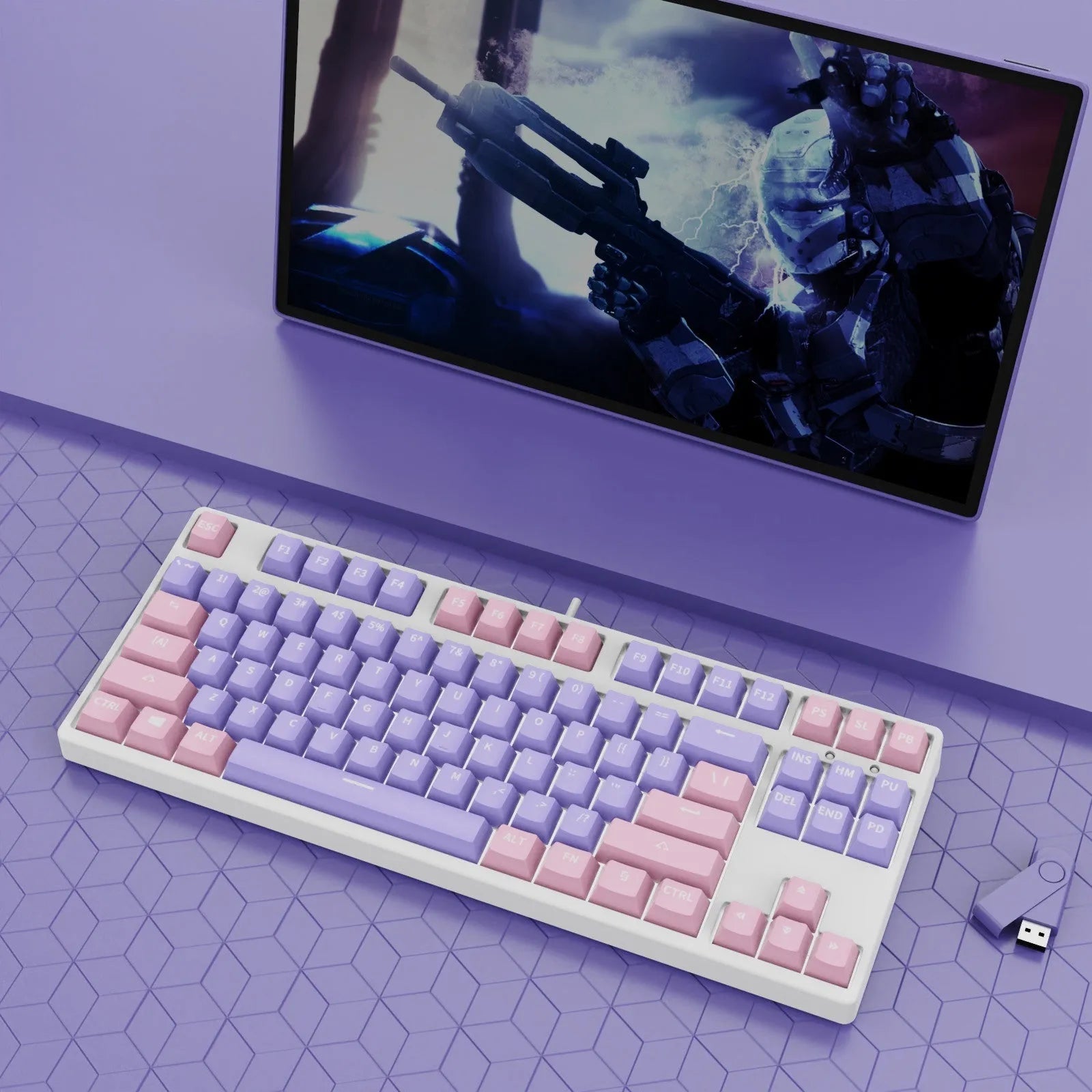 87-key wired mechanical gaming keyboard with colourful keycaps on a metal frame, shown with key puller and cable.