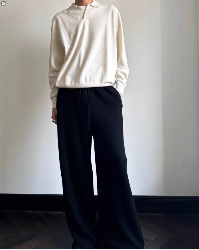 Men's pure wool polo sweater with lapel collar in loose fit, available in navy blue and milky white
