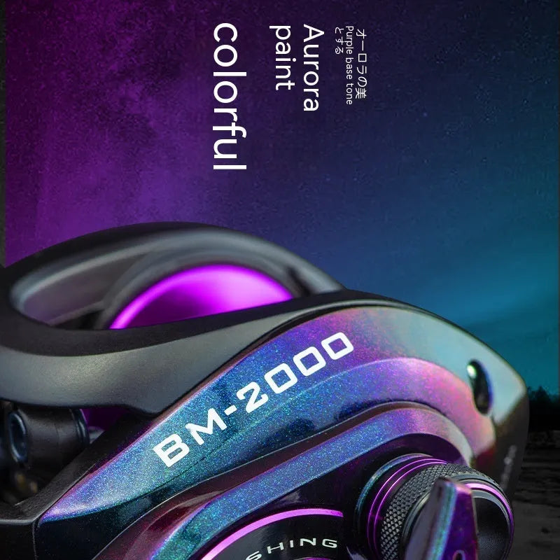 Colourful BM2000 fishing reel with magnetic brake system on a water drop spool.