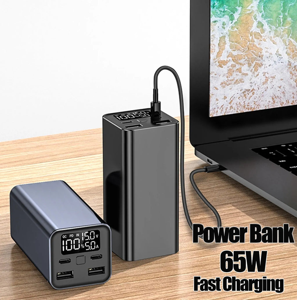 Super fast charging metal power bank with 20000mAh capacity and 65W output in black, blue, or grey colours
