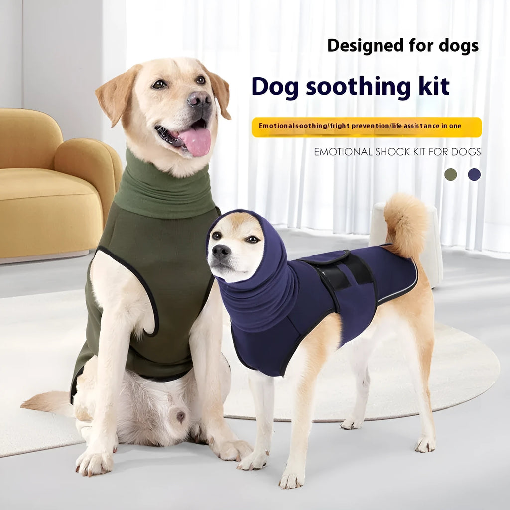 Dog wearing Army Green anti-anxiety jacket with mood-soothing design