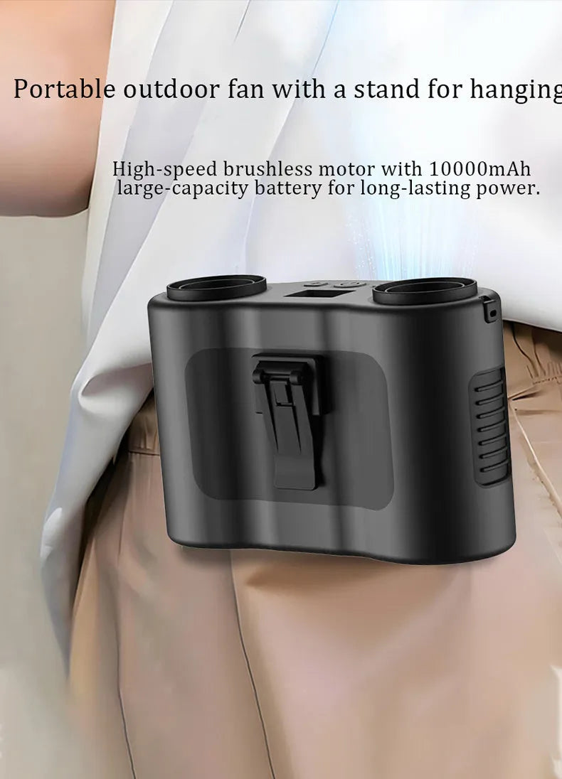 Black waist-hung portable personal fan with neck lanyard and waist clip.
