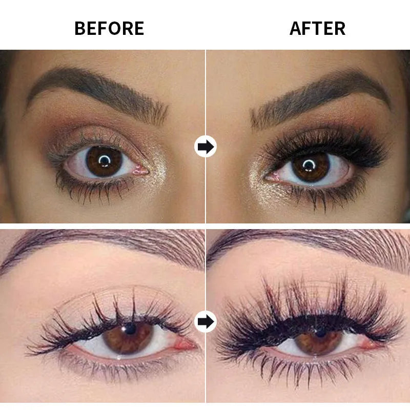 Black waterproof and sweat-proof mascara tube showing thick curling formula application