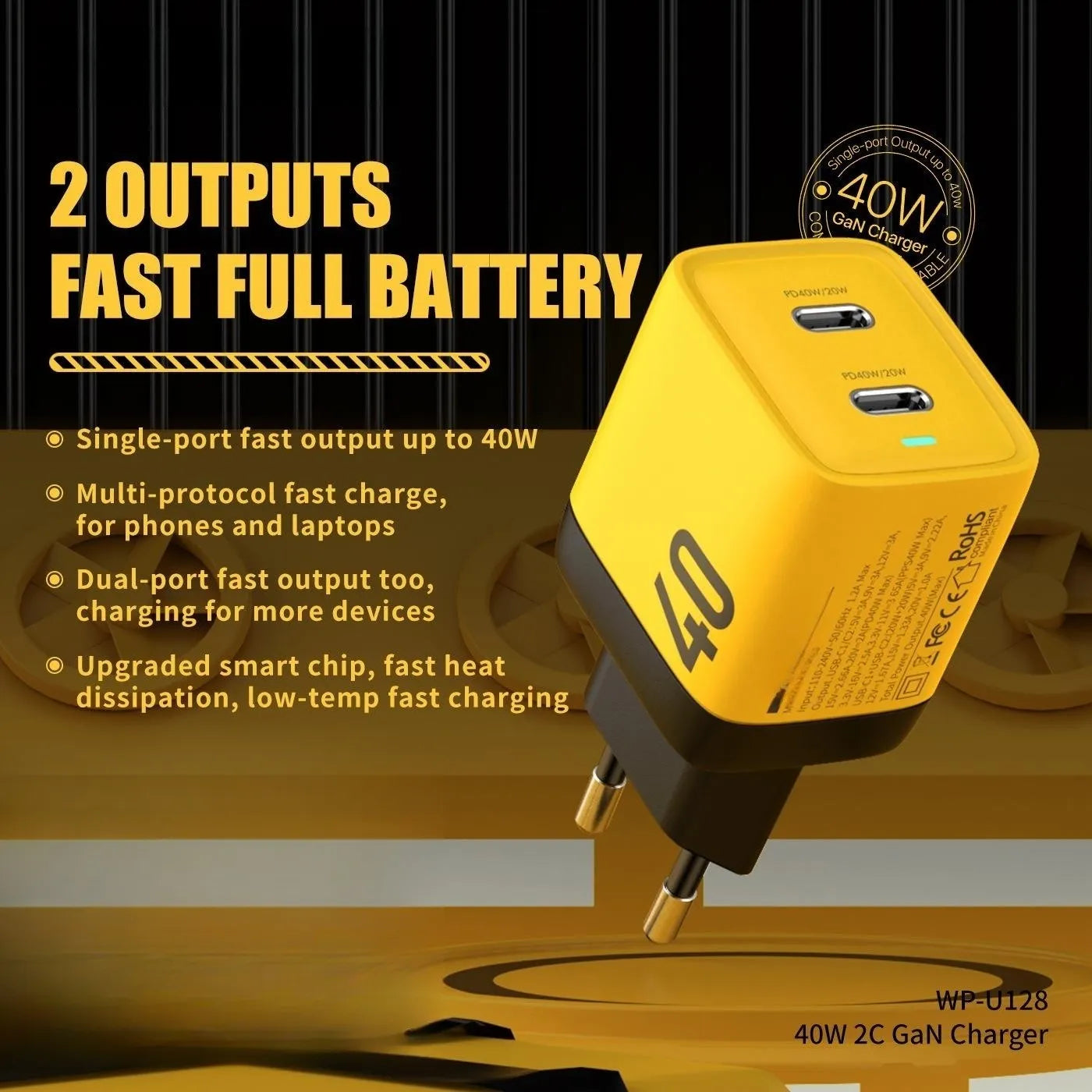 Gallium Nitride 40W mobile phone charging plug for Apple iPhone 14 in yellow with Type-C interface