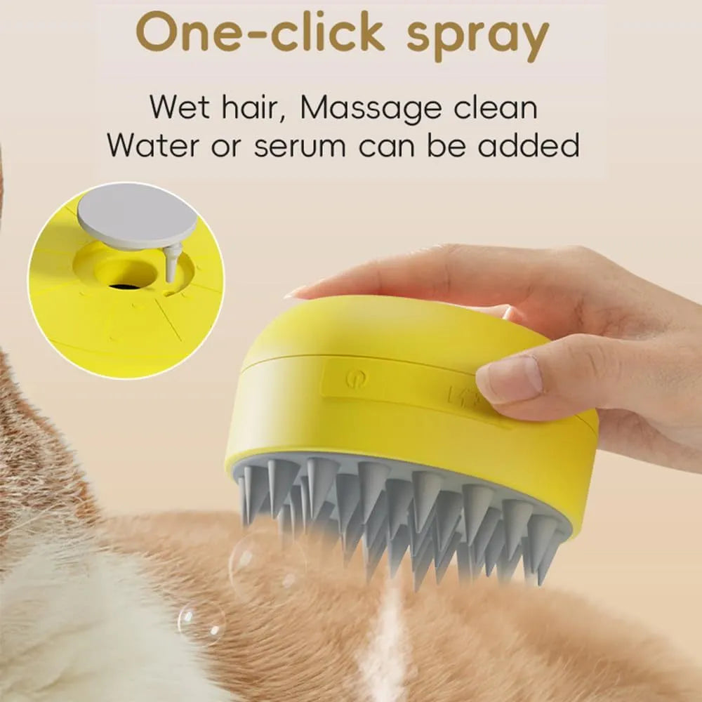 Green and yellow rechargeable silicone cat steam brush for grooming and massage.