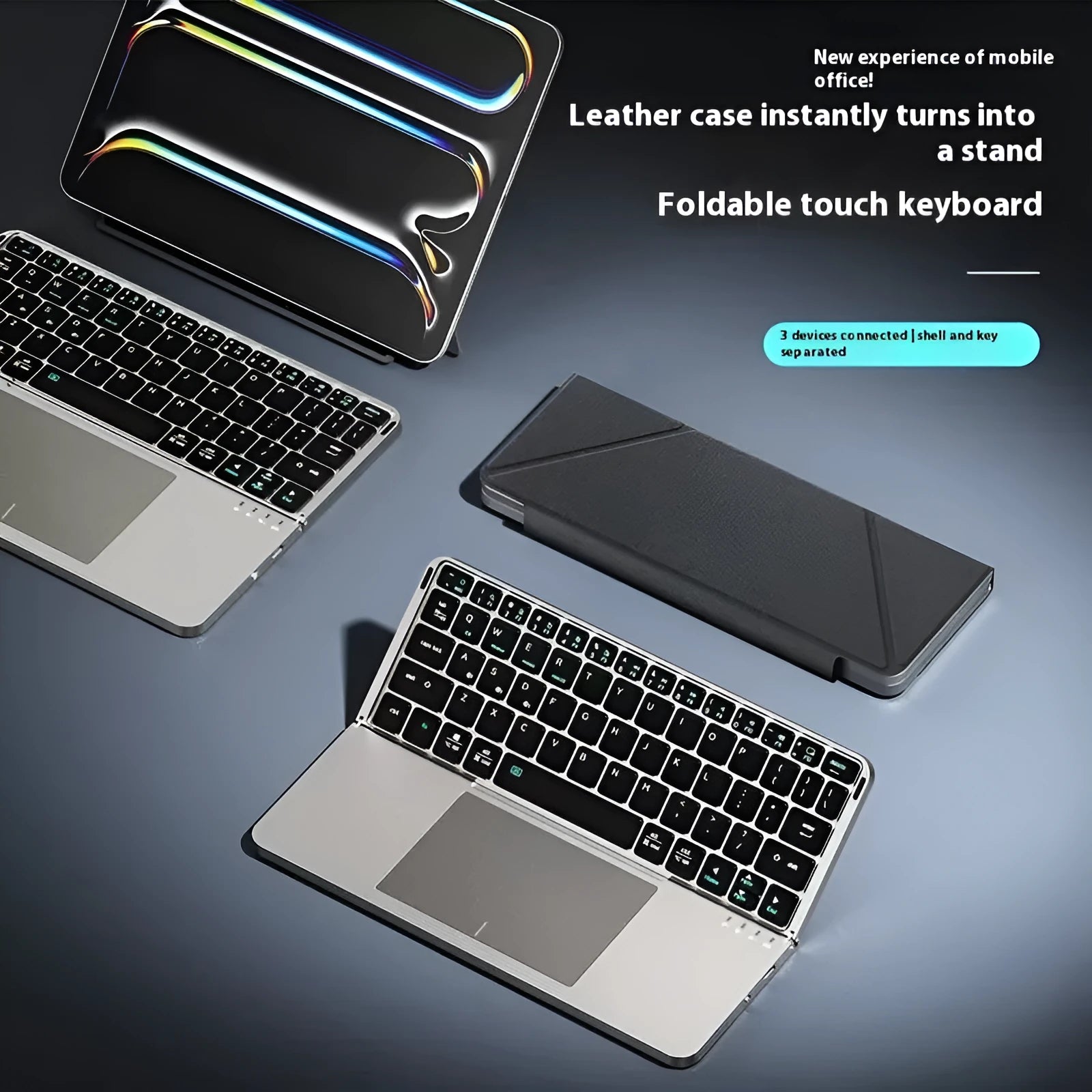 Space grey folding Bluetooth wireless keyboard for mobile phones and tablets