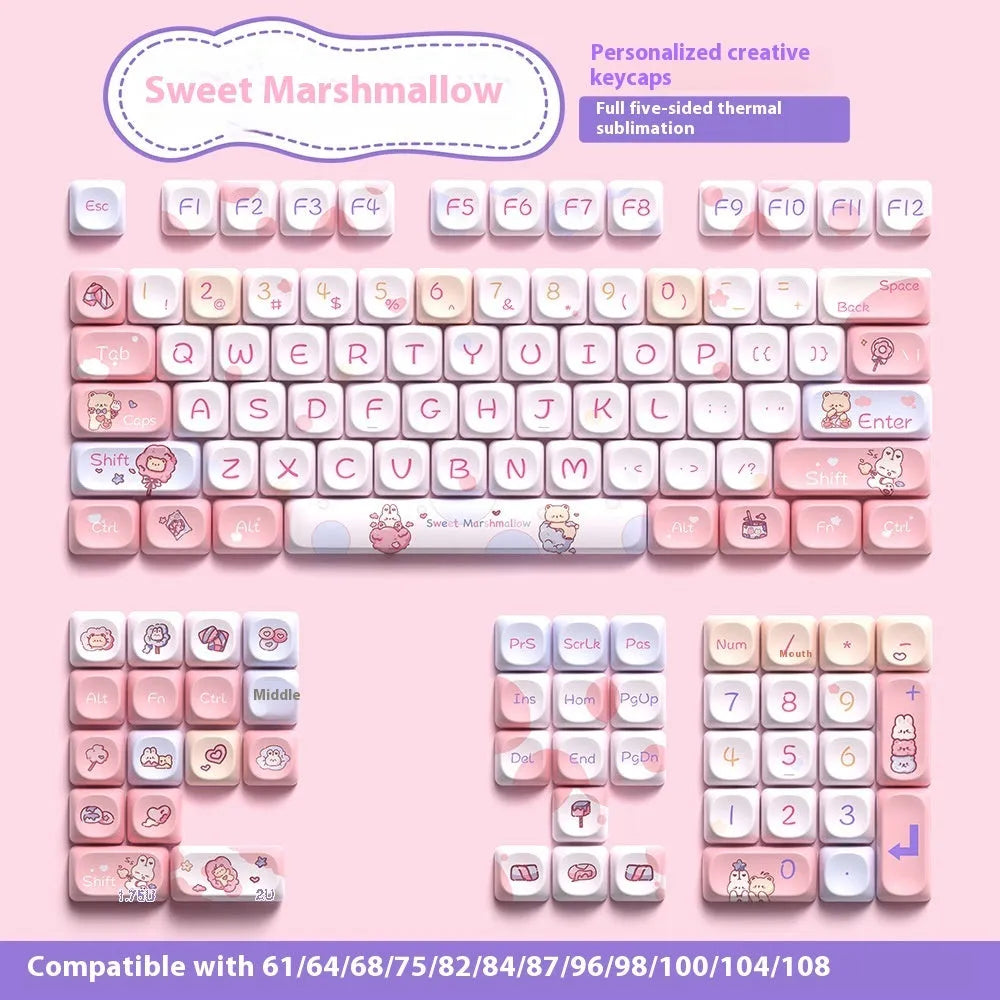 Sweet Cotton Candy coloured PBT keycap set for mechanical keyboards laid out in pink and blue pastel tones.