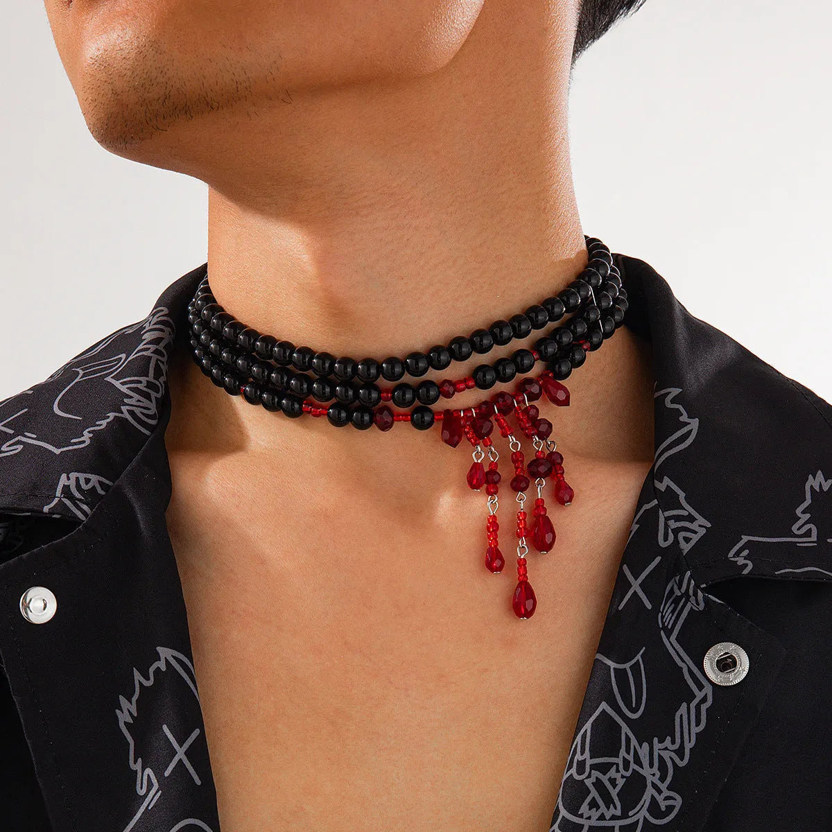 Halloween blood drop tassel pearl crystal men's necklace with geometric pendant in red and black