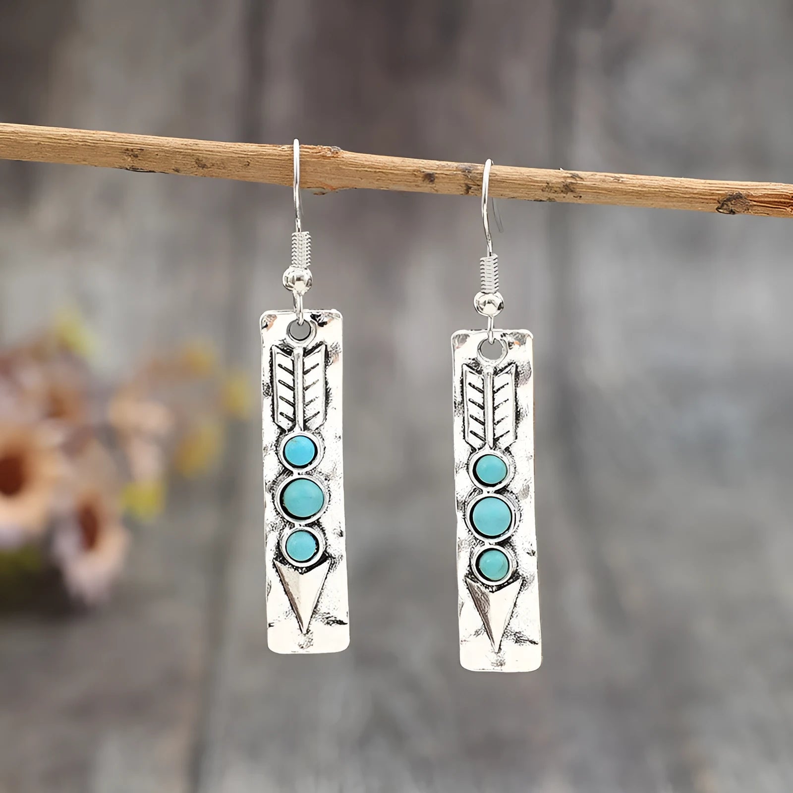 Silver geometric earrings with turquoise inlay on long strip zinc alloy retro design