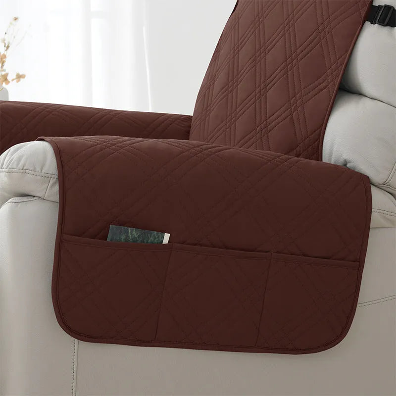 Quilted waterproof cover fitted on a small single Chivas massage chair in peacock blue colour.