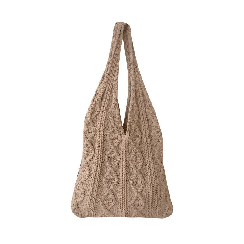 Retro hollow knitted women's shoulder tote bag in polyester yarn with double straps