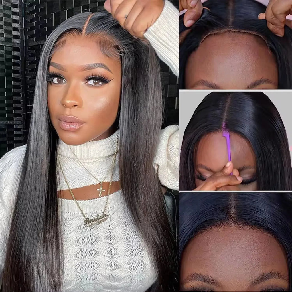 A model wearing a long, straight human hair glueless wig with side bangs.