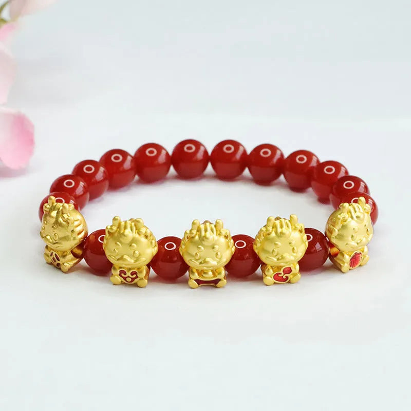 Natural red agate five blessing dragon bracelet 8mm Chinese style beaded wrist jewellery