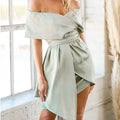 Women's off-shoulder strapless high waist dress with lace-up back and short sleeves in matcha green colour