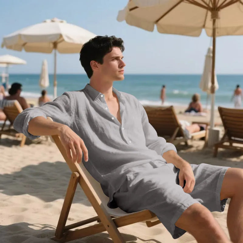 Linen long sleeve shirt and shorts beach suit in khaki on model