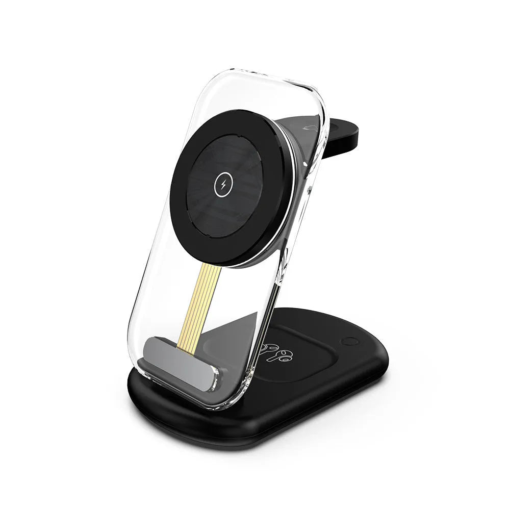 Transparent folding magnetic three-in-one wireless charger in black or white with QC3.0 fast charge