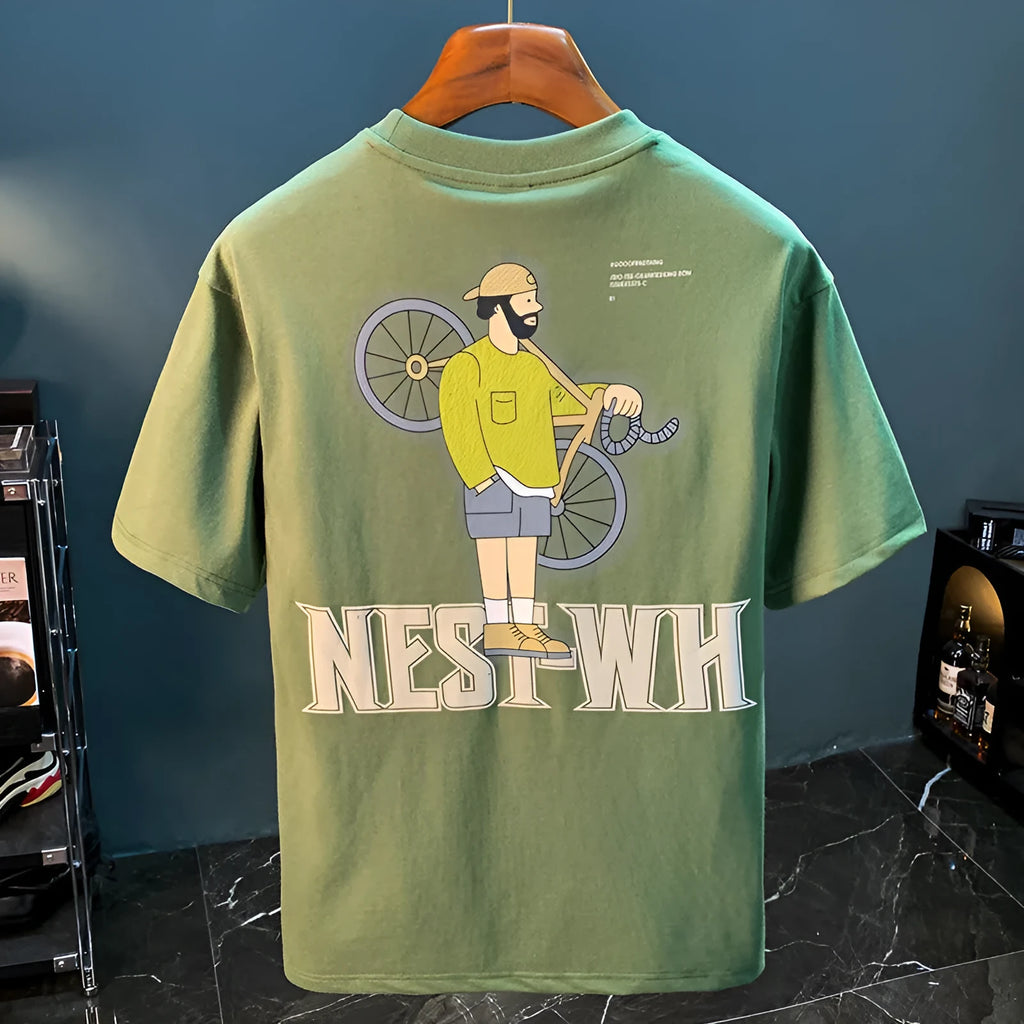 Green loose fit men's t-shirt with a printed literary design on the front