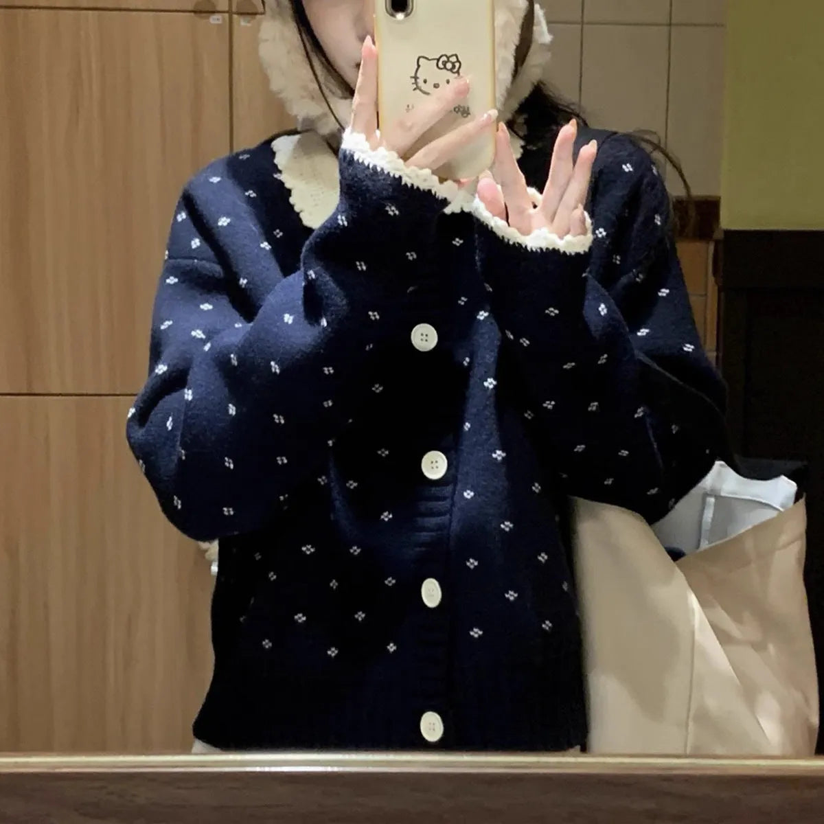 Retro Peter Pan collar floral pattern knitted cardigan coat in polyester fabric