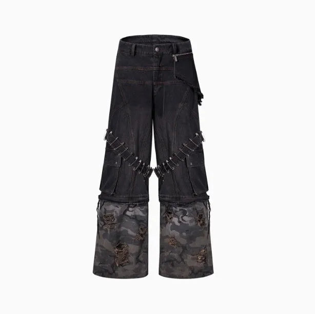 Men's grey jeans with camouflage pattern and ribbed fabric panelling detail, long leg