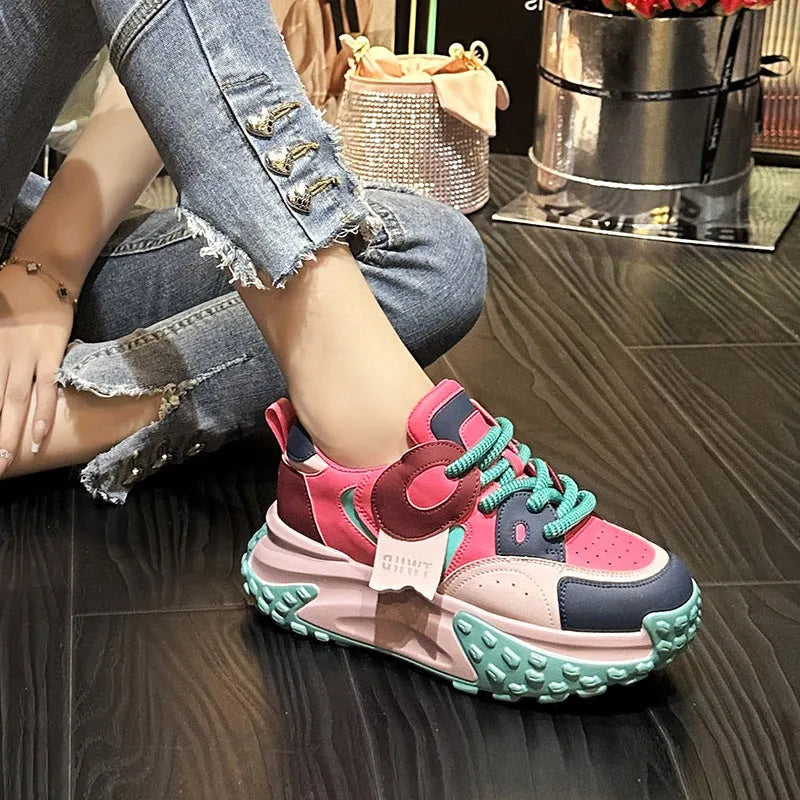 Women's leather sports casual shoes with thick wedge soles and front lace-up fastening in four colour options