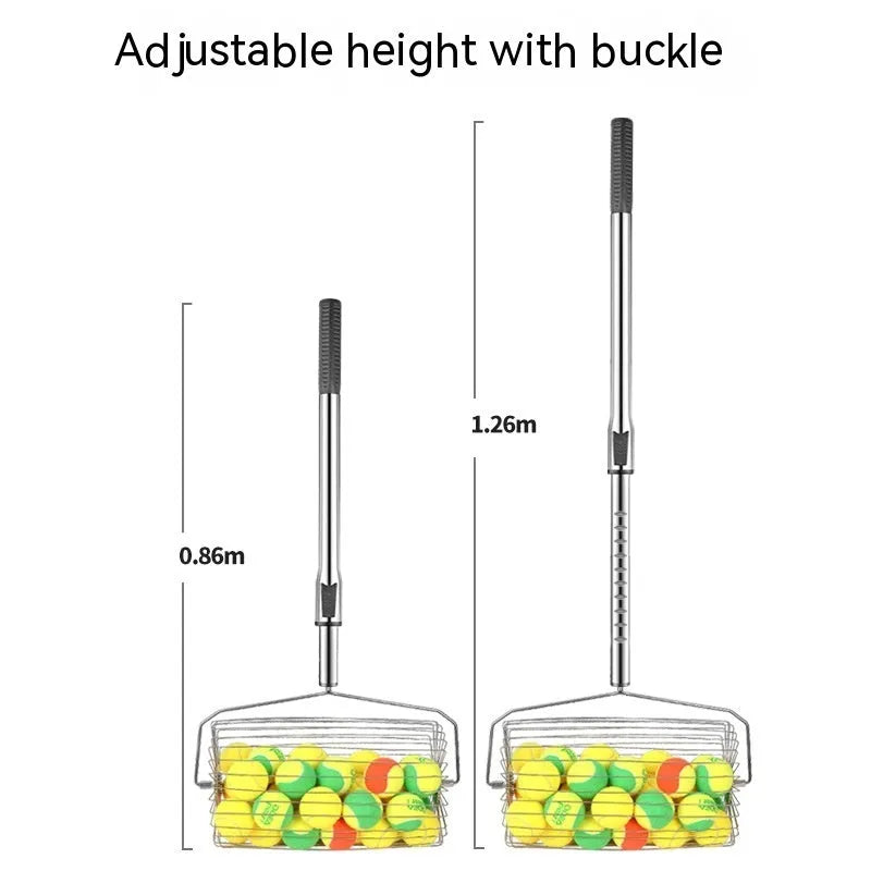 Stainless steel tennis ball picker roller on a court next to tennis balls.