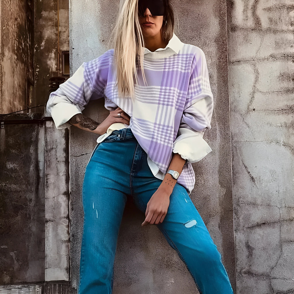 Loose lilac plaid print sweater with ribbed trim in viscose polyester polyamide blend