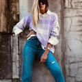 Loose lilac plaid print sweater with ribbed trim in viscose polyester polyamide blend