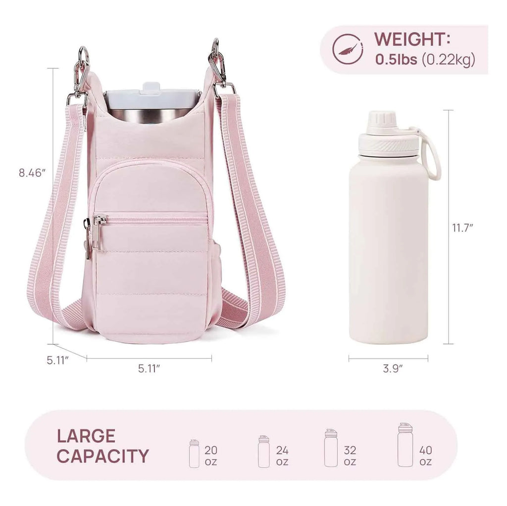 Cloth bicycle water bottle bag in black, pink, and beige for cycling hydration storage