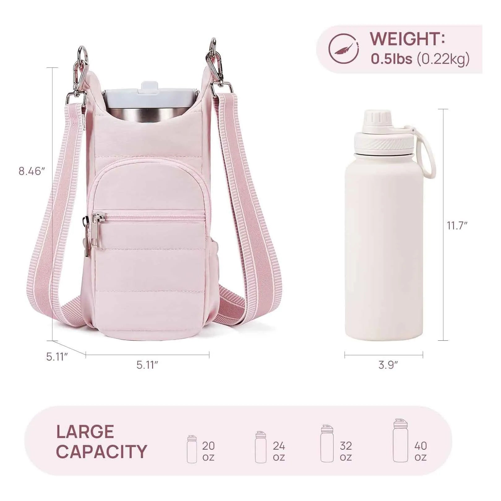 Cloth bicycle water bottle bag in black, pink, and beige for cycling hydration storage