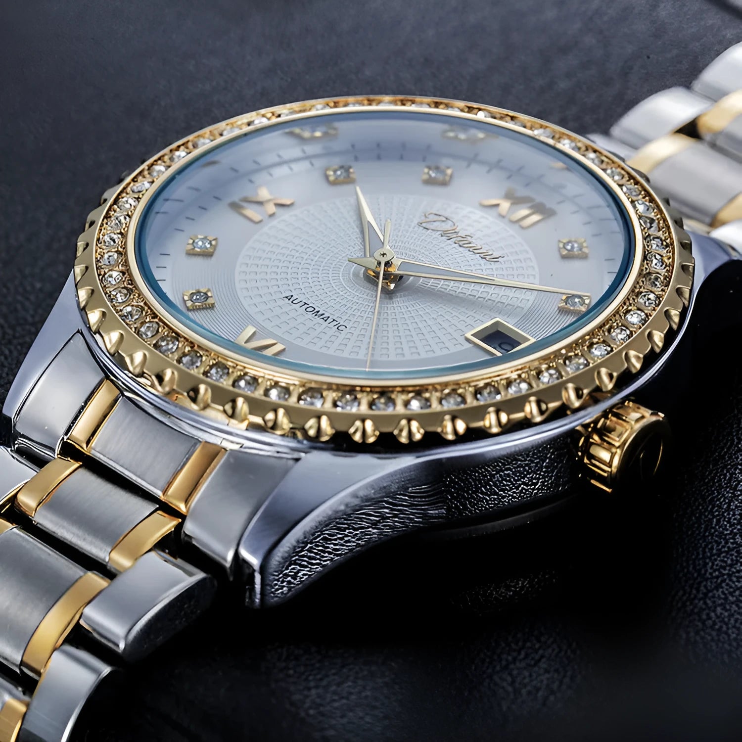 Men's automatic mechanical watch with luminous hands, waterproof design, gold case with black dial