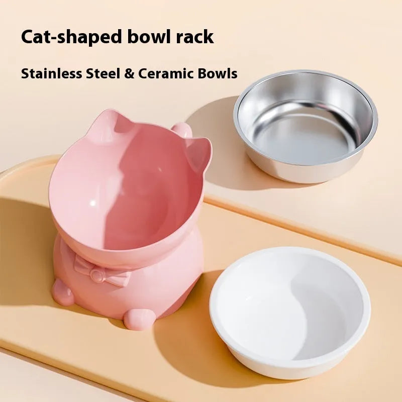 Stainless steel oblique cat bowl with weighted base in blue colour on a floor