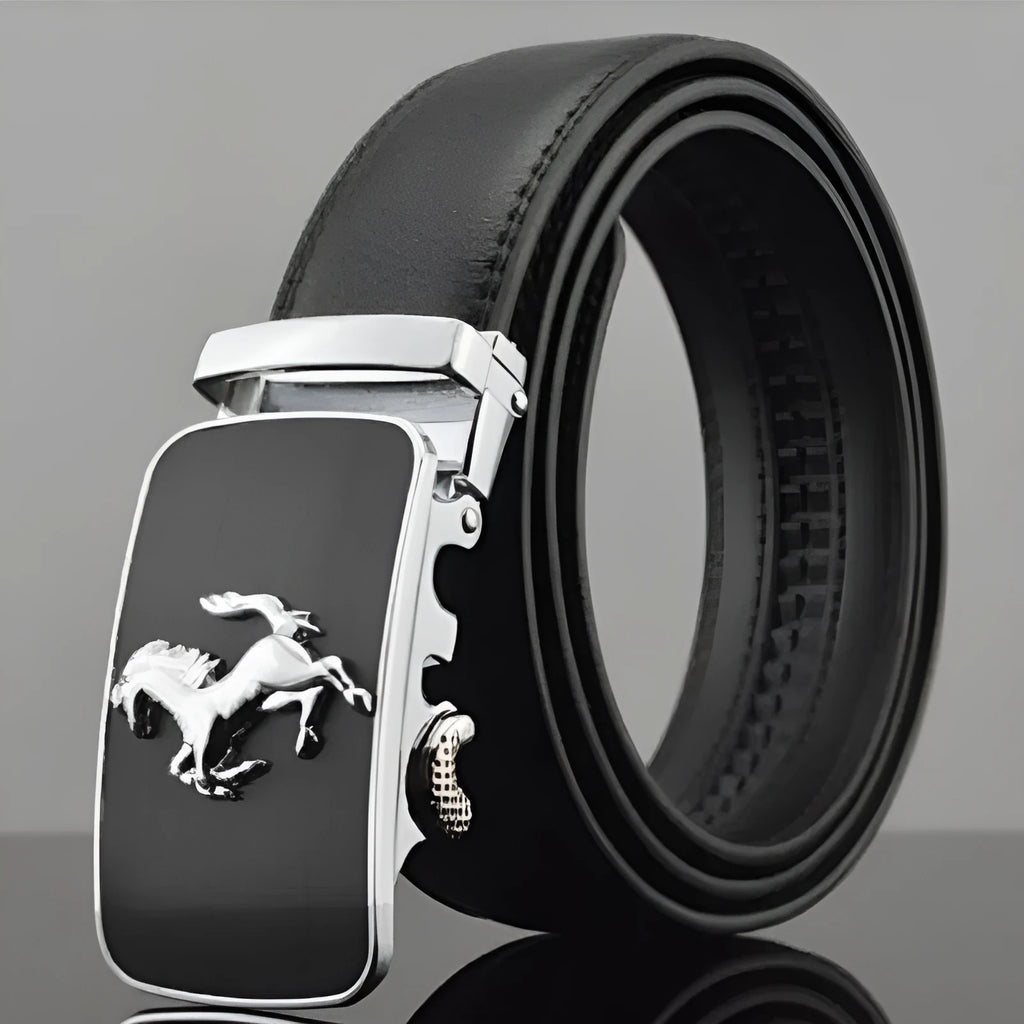 Men's black leather belt with automatic buckle, 3.5cm wide, showing leopard pattern detail