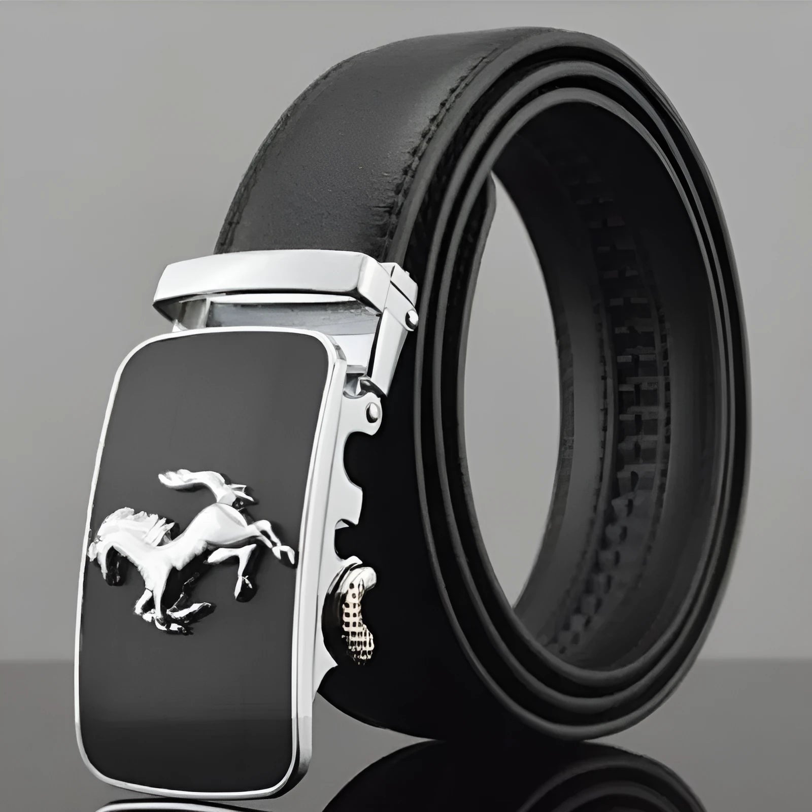 Men's black leather belt with automatic buckle, 3.5cm wide, showing leopard pattern detail